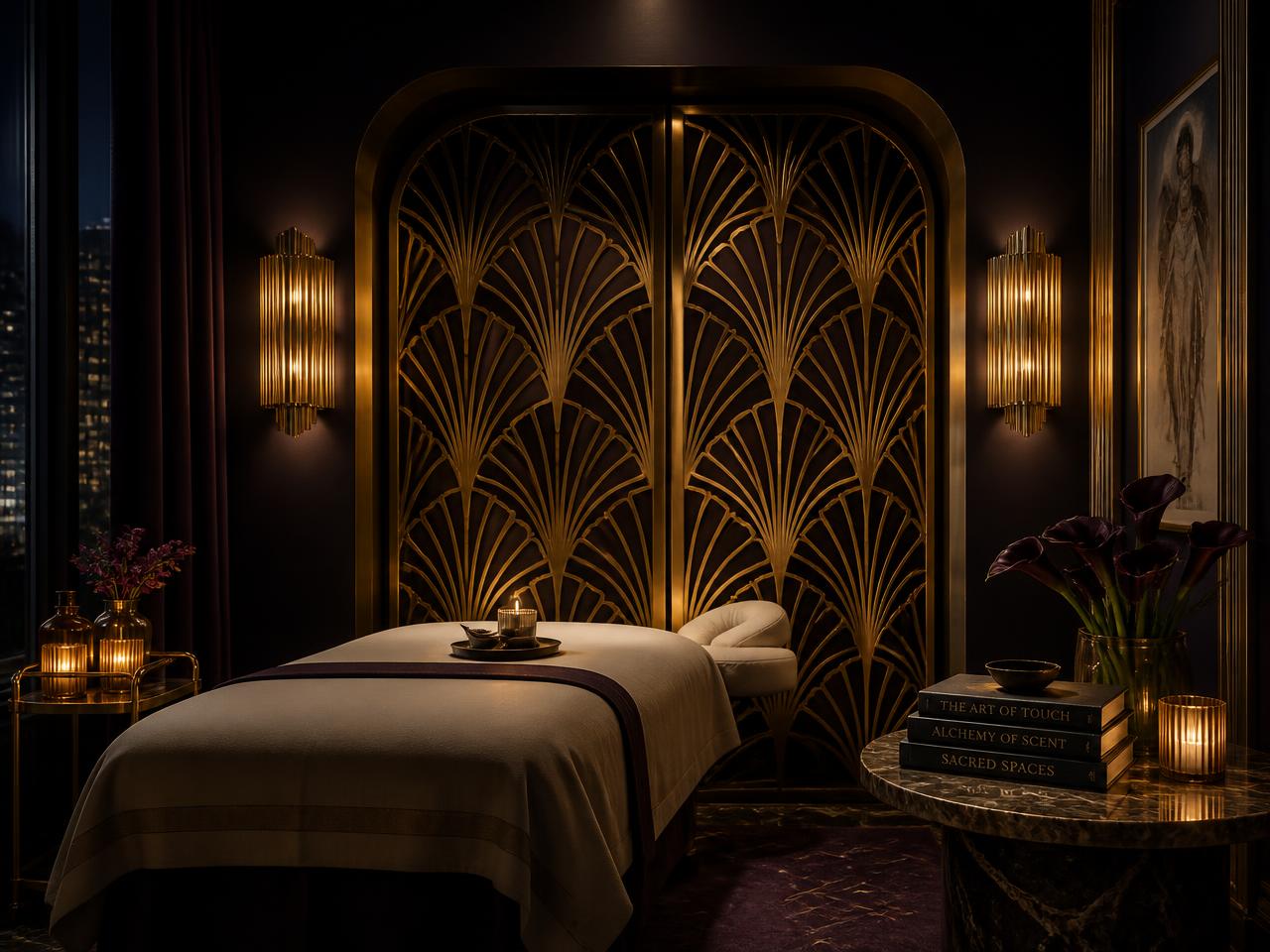 A treatment alcove with a gold fan-motif screen, brass sconces and cream linens
